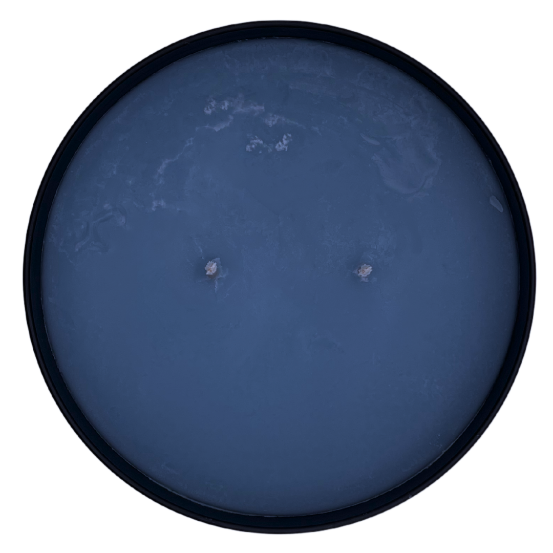 Refined Taste top side down soy wax navy blue in color and double wicked