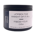 Mbodi 6 oz soy candle ‘Late Hour’ in metal tin with dark grey label designed for a calm, end of day atmosphere and quiet reflection
