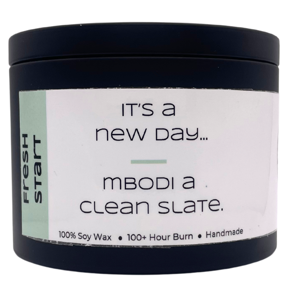 Mbodi 15 oz soy candle ‘Fresh Start’ with soft colored green soy wax designed for renewal, clarity, and a new beginning energy