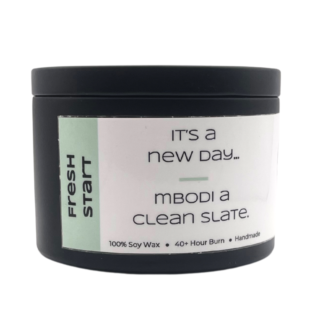 Mbodi 6 oz soy candle ‘Fresh Start’ with soft colored green soy wax designed for renewal, clarity, and a new beginning energy