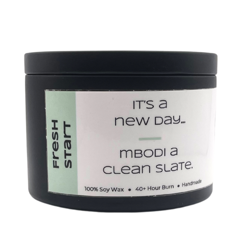 Mbodi 6 oz soy candle ‘Fresh Start’ with soft colored green soy wax designed for renewal, clarity, and a new beginning energy