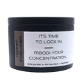 Mbodi 6 oz soy candle ‘Hyper Focused’ in metal tin with minimal label, crafted for high focus, disciplined energy, and mental precision