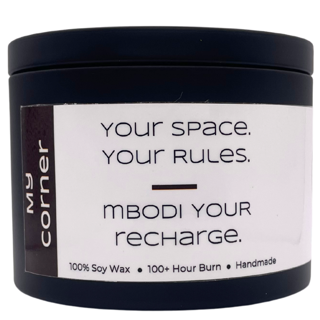 Mbodi 15 oz soy candle ‘My Corner’ in metal tin with minimal label, crafted for a intimate and grounded personal environment