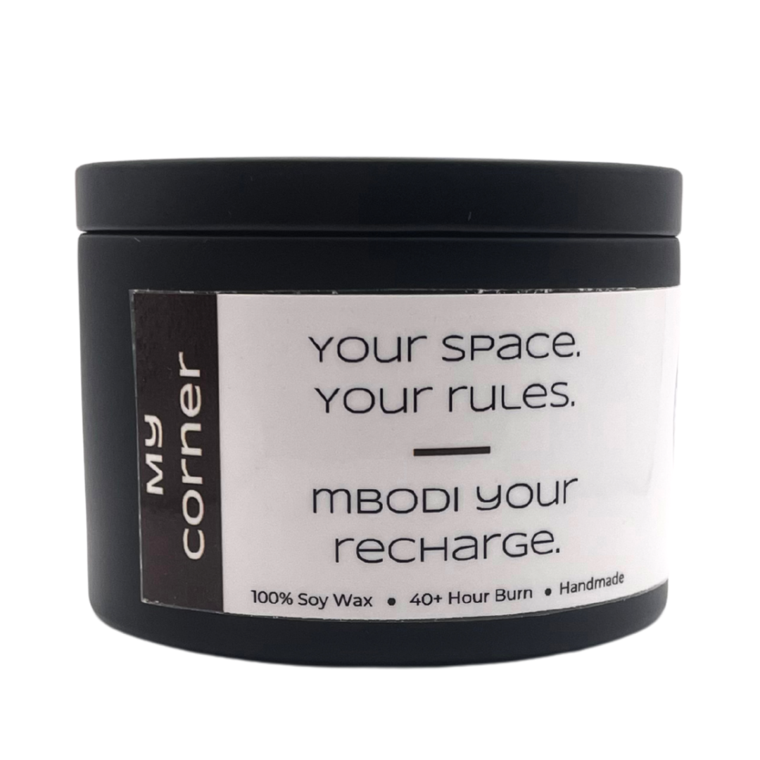 Mbodi 6 oz soy candle ‘My Corner’ in metal tin with minimal label, crafted for a intimate and grounded personal environment