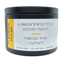Yellow and white label for Pregame Pulse that says "A beginning to a good night. Mbodi the Rythm" House Playlist is attached