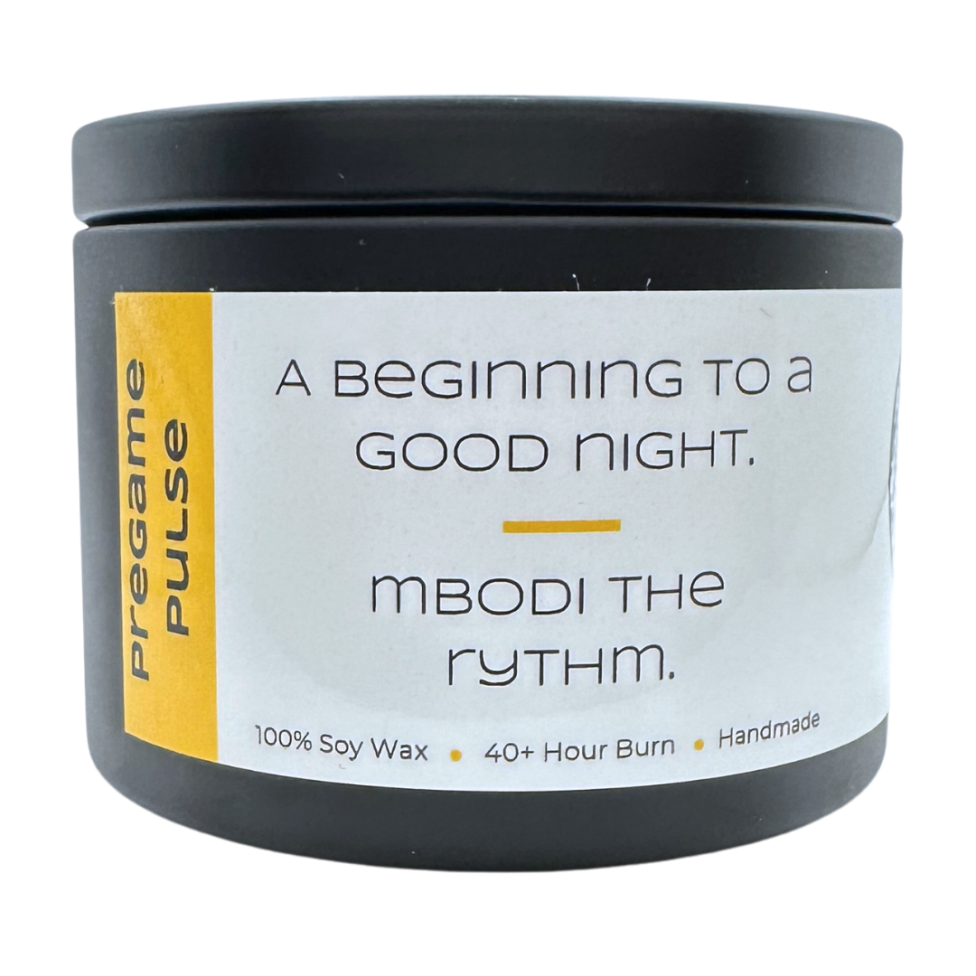 Yellow and white label for Pregame Pulse that says "A beginning to a good night. Mbodi the Rythm" House Playlist is attached