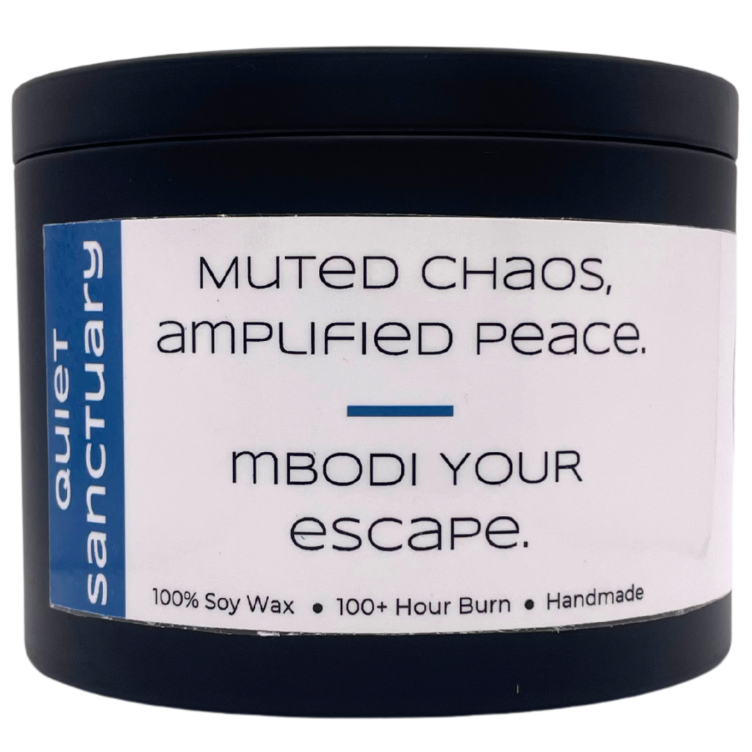 Mbodi ‘Quiet Sanctuary’ 15 oz soy candle in tin, created to bring stillness, comfort, and a sense of emotional safety with its earthiness 