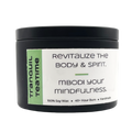 Mbodi 6 oz soy candle ‘Tranquil Teatime’ in metal tin with minimal label, crafted for a serene, reflective, and calming environment