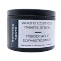 Mbodi 6 oz soy candle ‘Refined Taste’ in metal tin with navy blue label designed for a smooth, elevated atmosphere